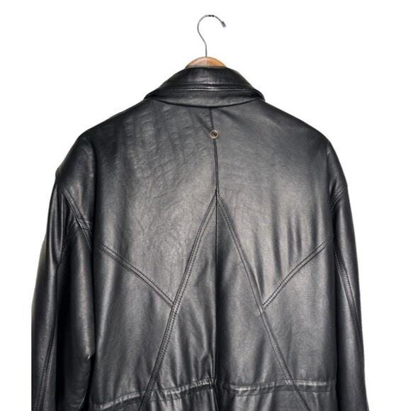 Vintage Echtes Leder Leather Jacket Black Knee Length Cinched Waist Size XL - Picture 11 of 13
